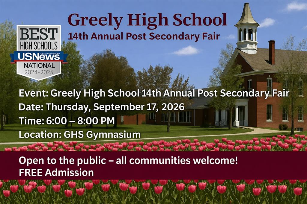 Event flyer for Greely High School's 14th Annual Post Secondary Fair.