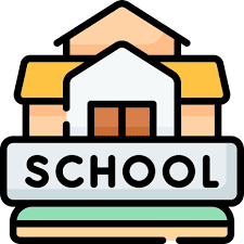 School building icon featuring a maroon roof and windows