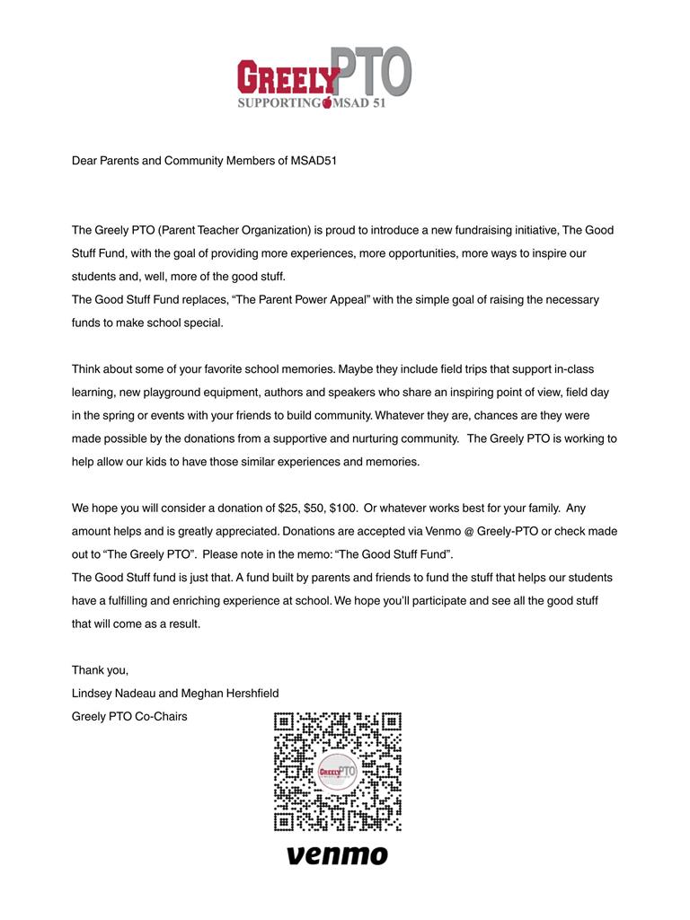parent pto letter to community