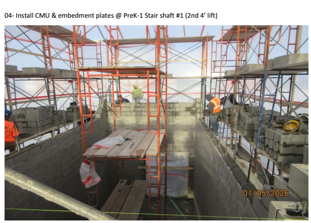 masonry on the stair and elevator shaft