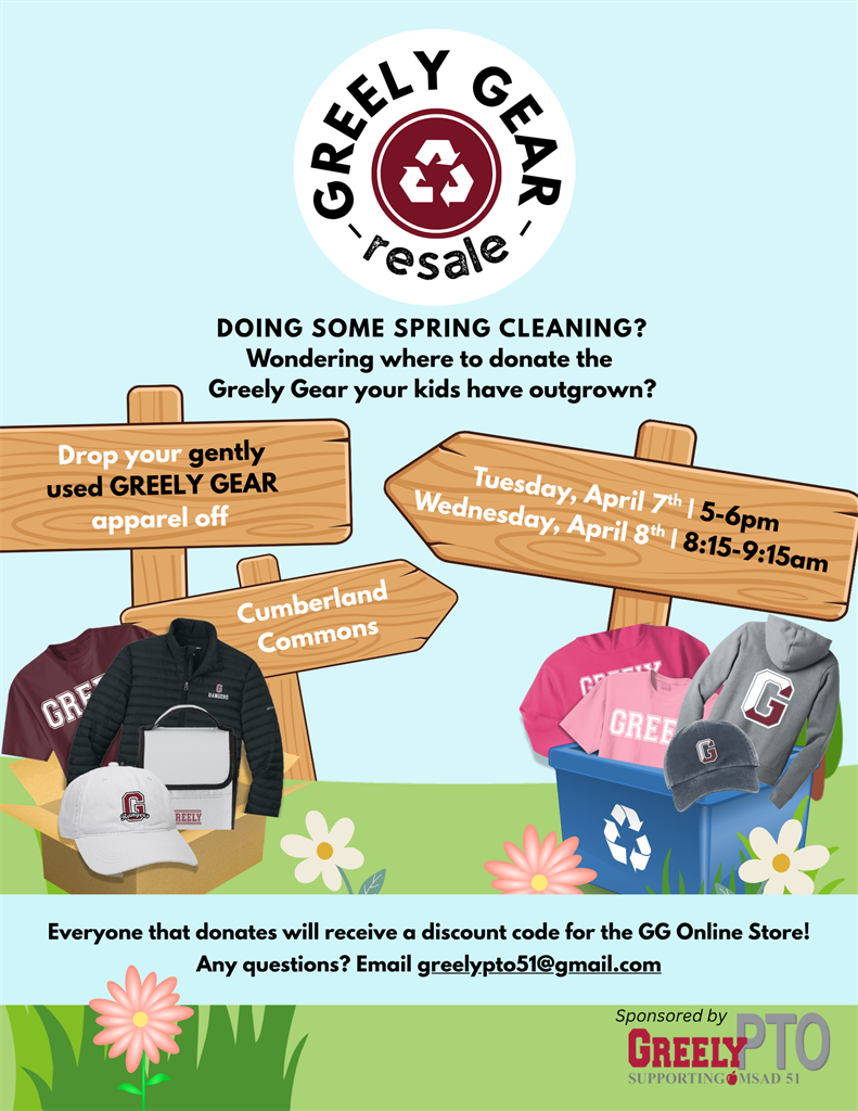 Event flyer for Greely Gear resale with details and visuals of apparel.