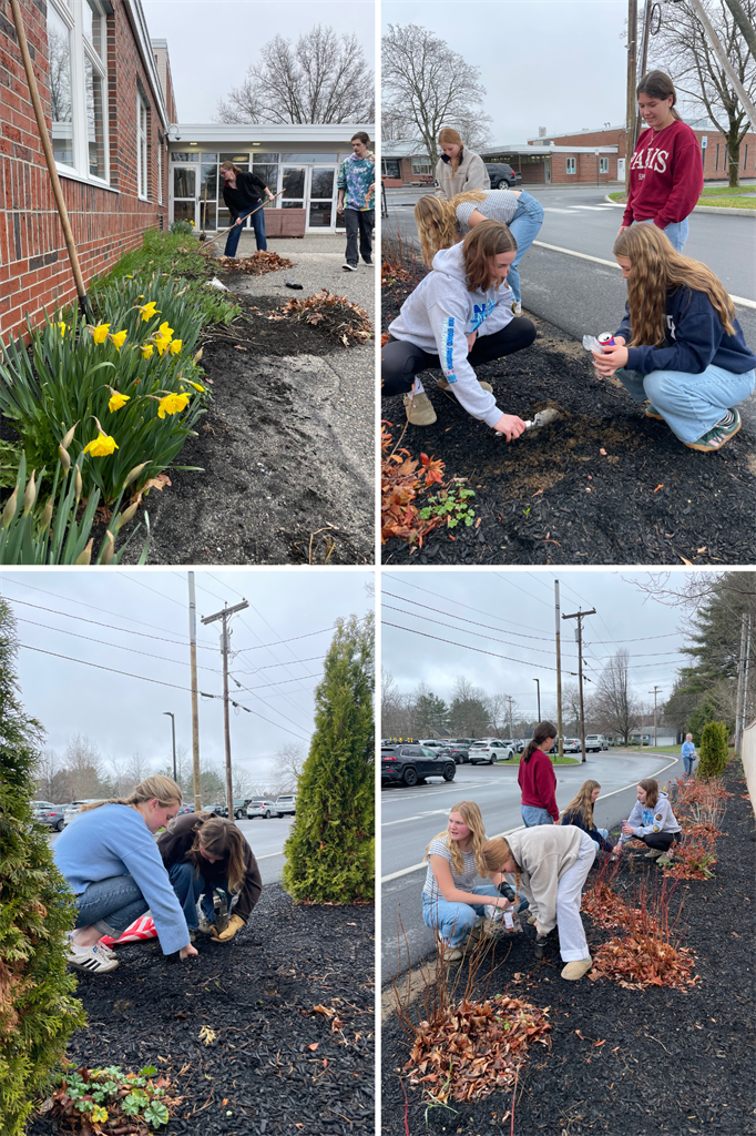 students doing some spring cleaning and planting tulips